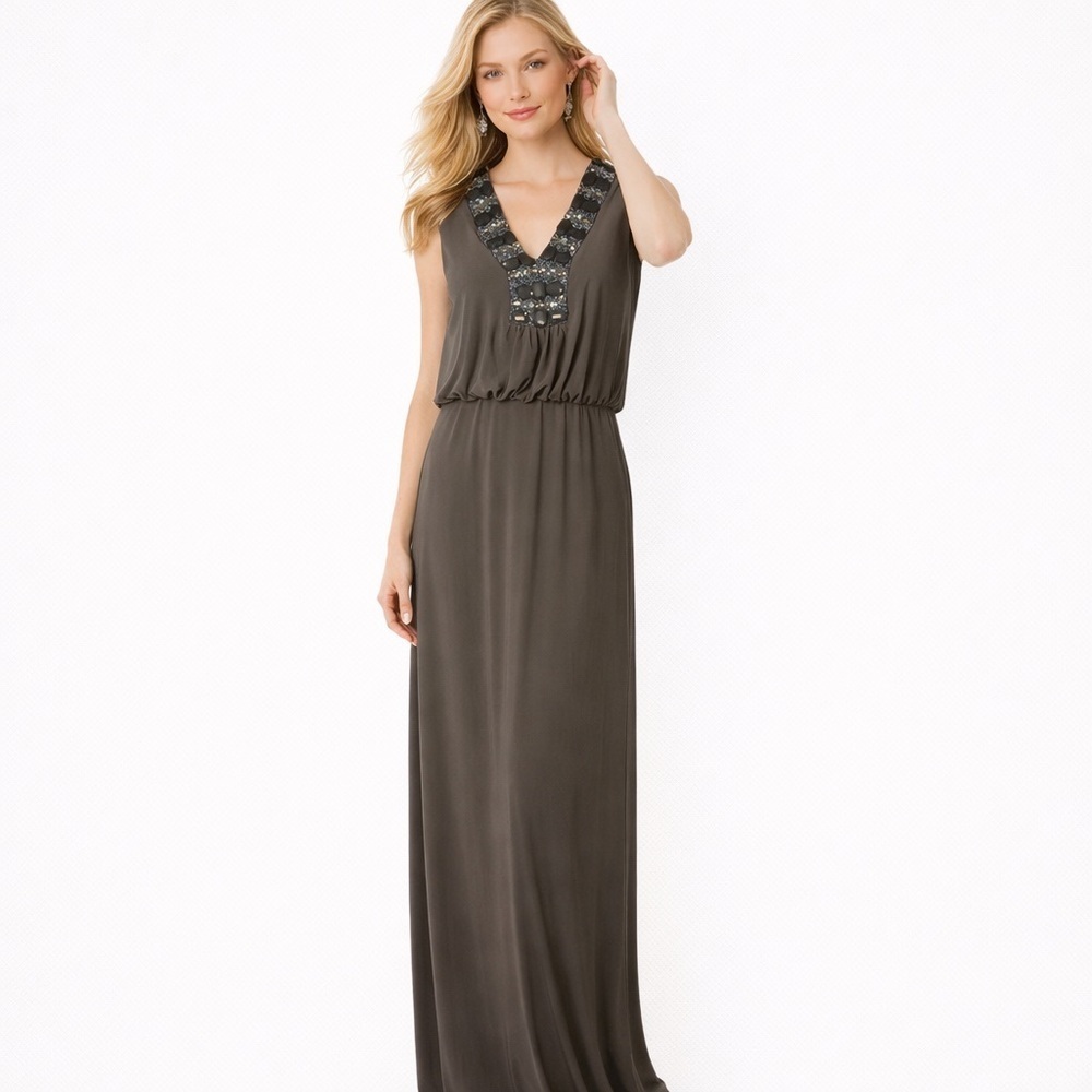 Alex & Eve Beaded V-Neck Maxi Dress Size 10 Brown Sleeveless Formal Evening Gown